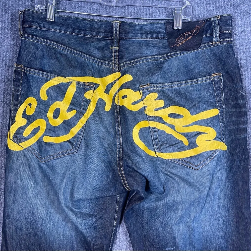 Ed Hardy Mens‎ 36X34  Yellow Logo Dark Wash Denim Distressed Designer Jeans Y2K